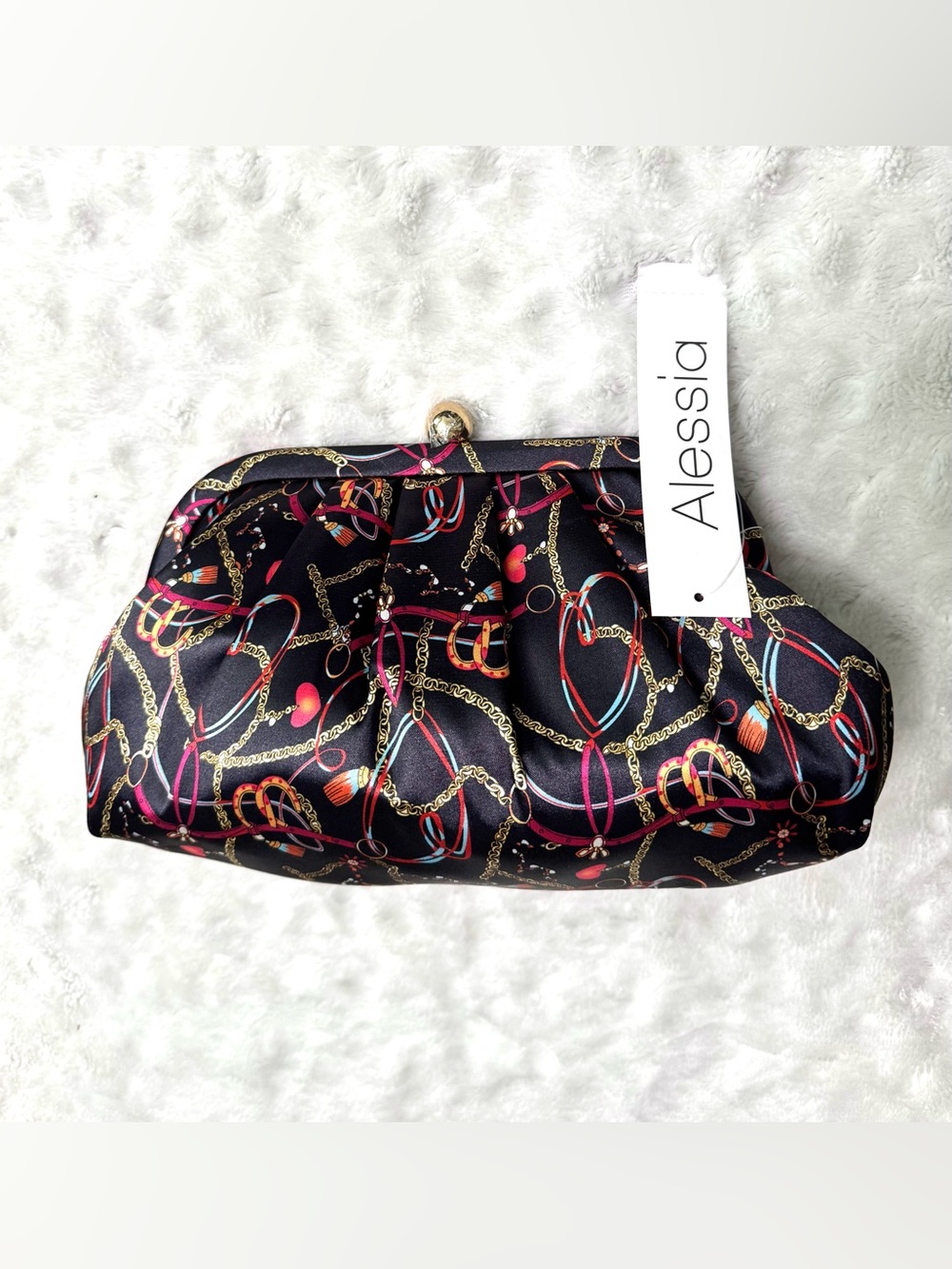 NWT- Alessia Bianchi equestrian chain print satin clutch purse - Picture 3 of 16